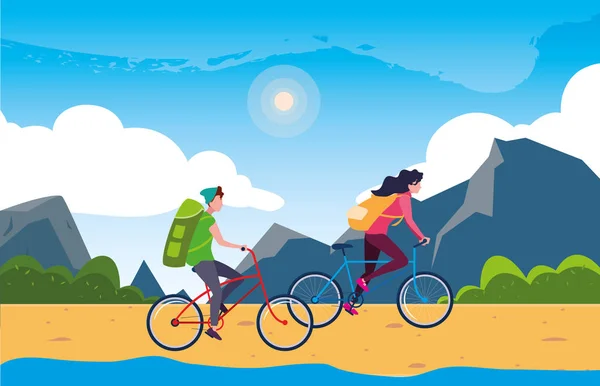 Pareja montar en bicicleta en el paisaje — Vector de stock