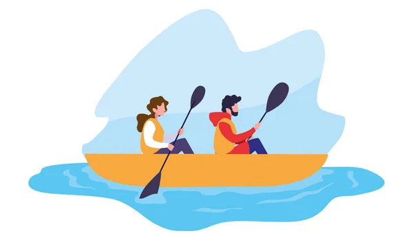 Hombre y mujer remando un barco — Vector de stock
