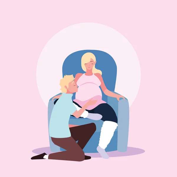 Gravid fru sitter i soffan med make — Stock vektor