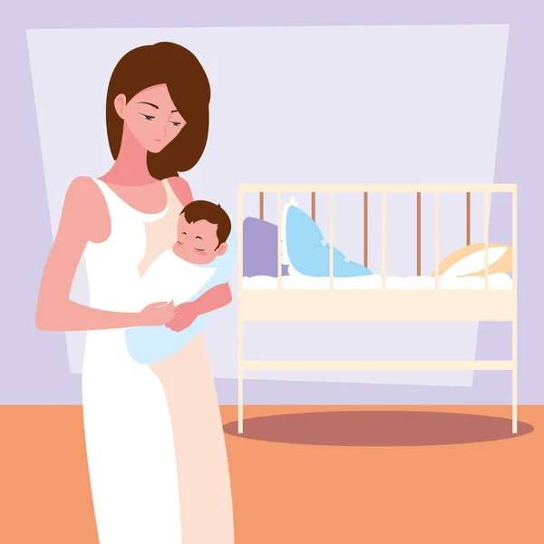 Linda madre llevando pequeño hijo avatar carácter — Vector de stock