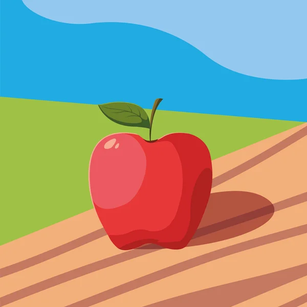 Färsk Äppelfrukt i träbord och liggande — Stock vektor