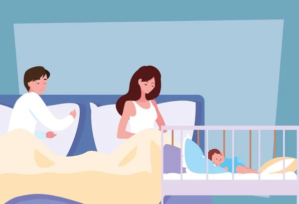 Parents au lit avec bébé dans la crèche — Image vectorielle