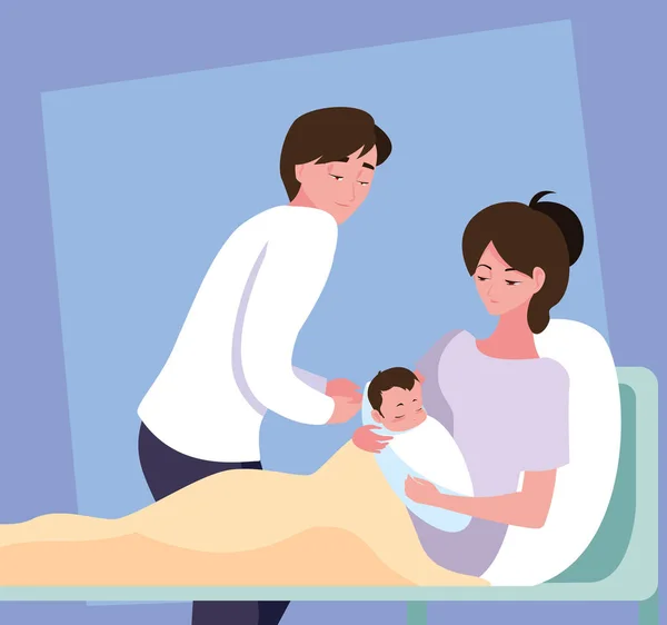 Mor med nyfödda i bår och far Observera — Stock vektor