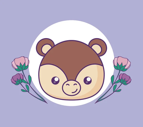 Cabeza de lindo osito bebé con flores — Vector de stock