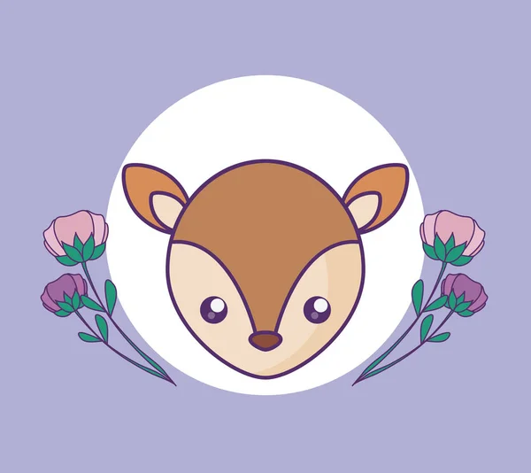 Cabeza de bebé pequeño reno lindo con decoración de flores — Vector de stock