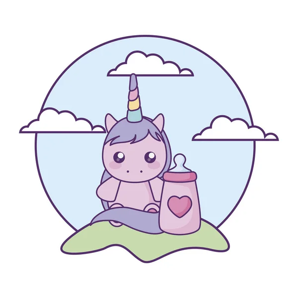 Lindo pequeño unicornio con biberón de leche bebé en el paisaje — Archivo Imágenes Vectoriales