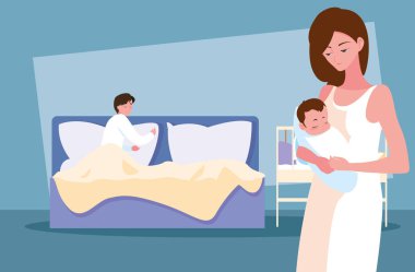 bebek taşıyan anne ile yatakta baba