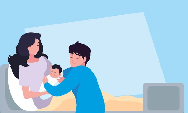 Moeder met pasgeboren in brancard en vader observeren — Stockvector
