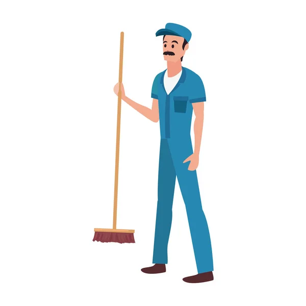 Worker rengöring man Broom vektor ilustration — Stock vektor
