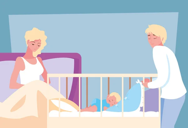 Moeder in bed en baby in wieg met papa observeren — Stockvector