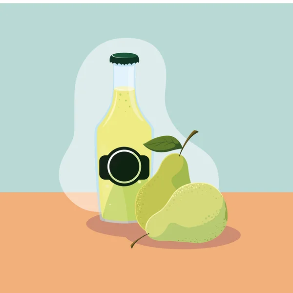 Pera fresca con botella de jugo natural — Vector de stock