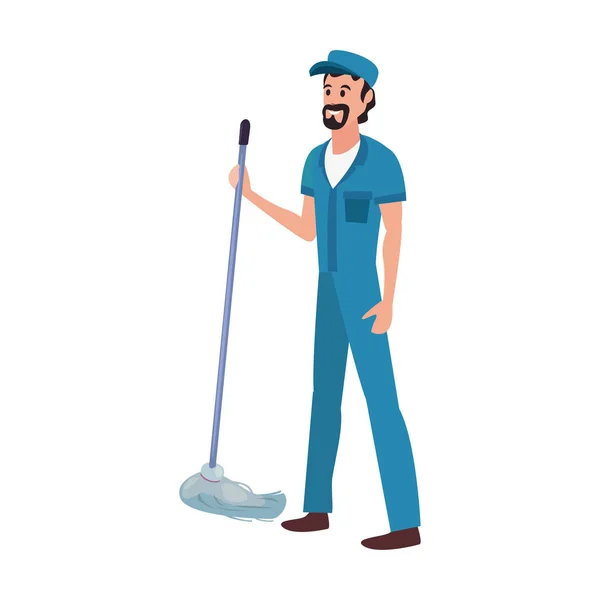 Worker rengöring man MOP vektor ilustration — Stock vektor