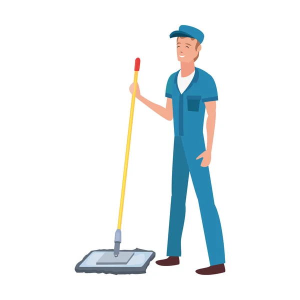 Trabalhador limpeza homem esfregão vetor ilustração —  Vetores de Stock