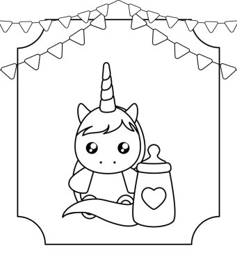 süt şişesi bebek ve çelenk ile sevimli küçük tek boynuzlu at