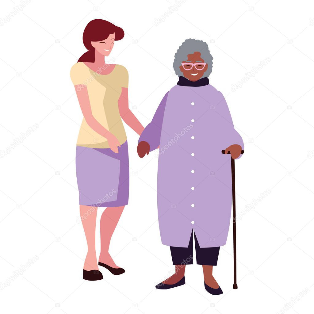 grandmother with walk stick and mother together