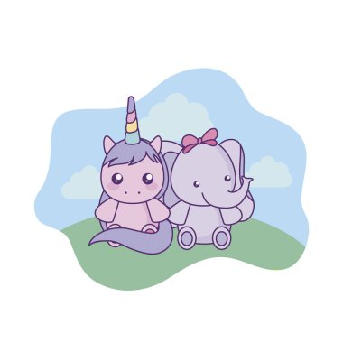manzara fil bebek ile sevimli küçük Unicorn