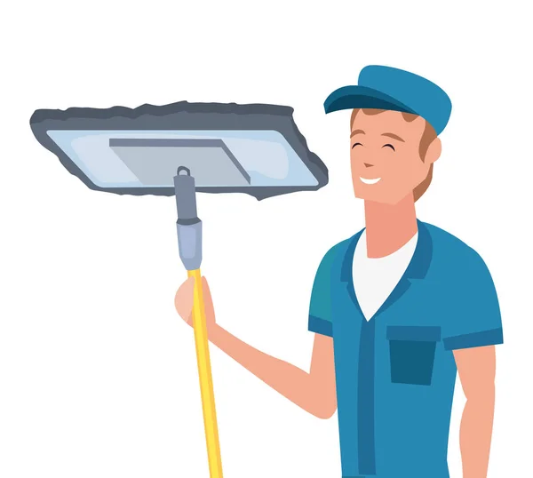 Trabalhador limpeza homem esfregão vetor ilustração — Vetor de Stock