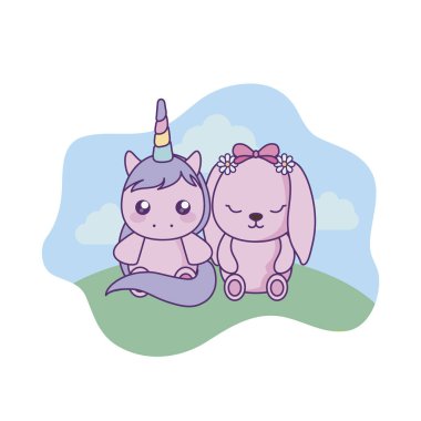 manzara Bunny bebek ile sevimli küçük Unicorn