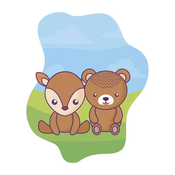 Reni drăguț mic cu copil urs în peisaj — Vector de stoc