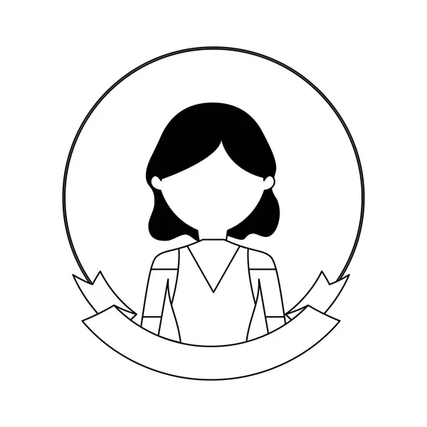Mujer joven en marco circular con cinta — Vector de stock