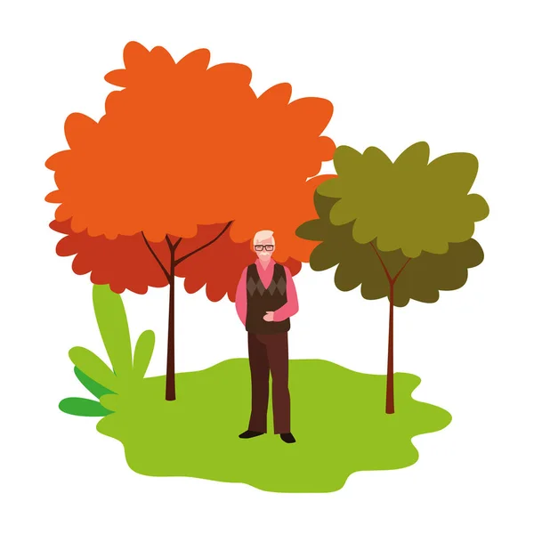 Lindo abuelo en el aire libre con árboles — Vector de stock