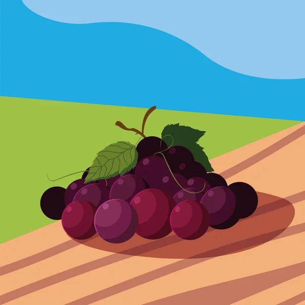 Fruits frais de raisin dans la table et le paysage en bois — Image vectorielle