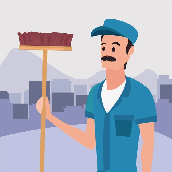 Trabalhador limpeza homem vassoura vassoura vetor ilustração —  Vetores de Stock