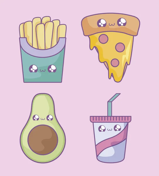 Frites avec pizza et icônes ensemble style kawaii — Image vectorielle