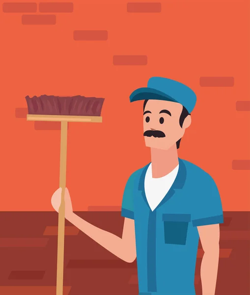 Trabajador limpieza hombre escoba vector ilustración — Archivo Imágenes Vectoriales
