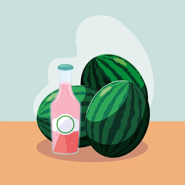 Frische Wassermelonen mit einer Flasche Saft natürlich — Stockvektor