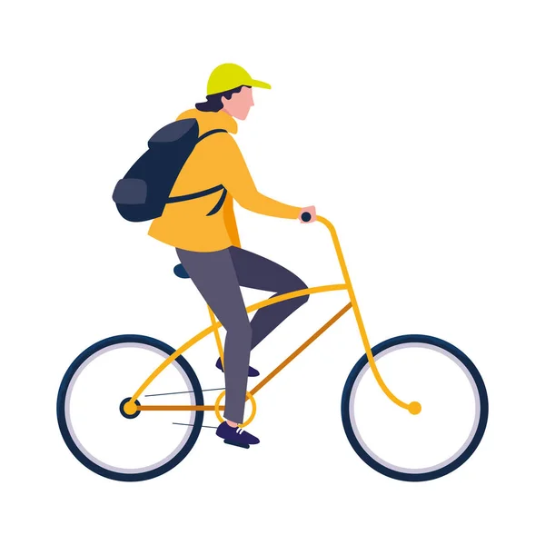 Traveler man with bag riding bicycle — Stock Vector