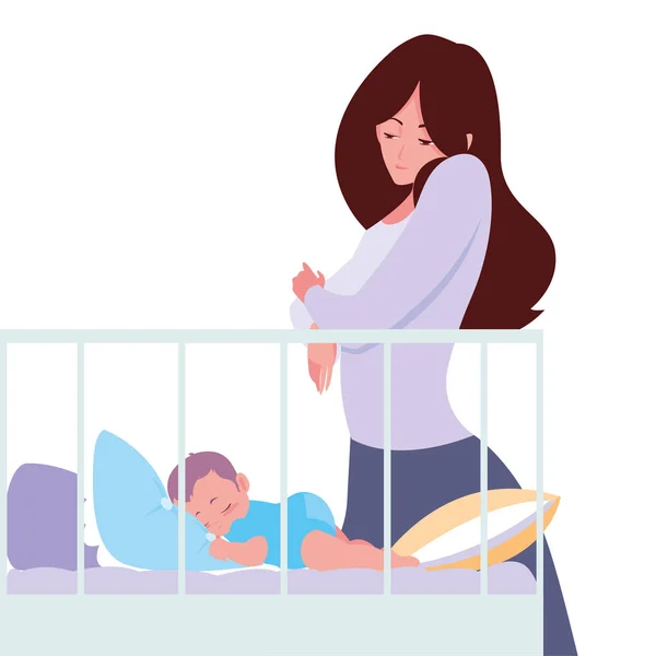 Mama z dzieckiem w łóżeczku — Wektor stockowy