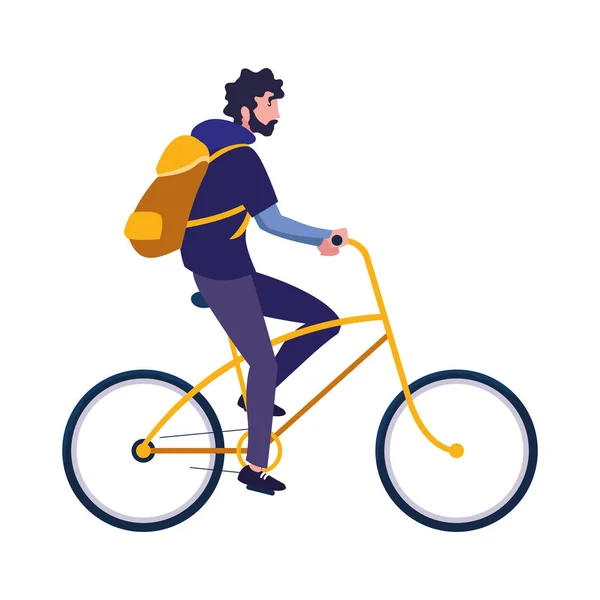 Traveler man with bag riding bicycle — Stock Vector