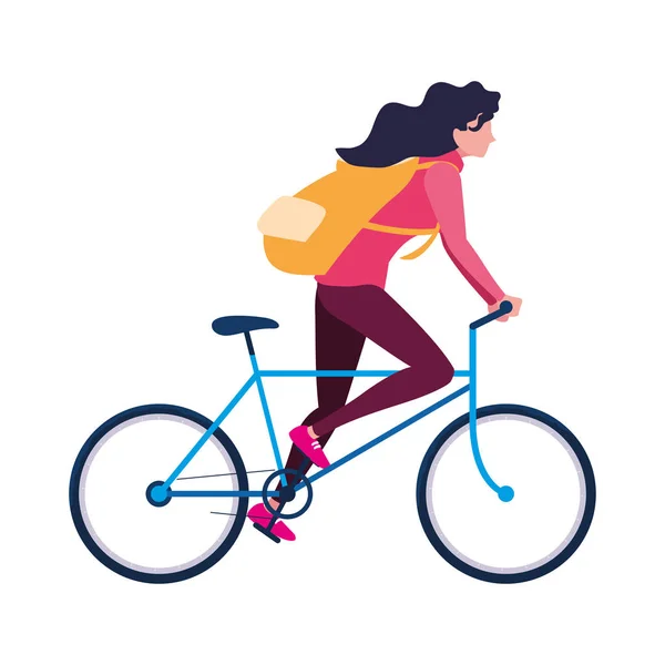 Voyageur femme avec sac vélo d'équitation — Image vectorielle