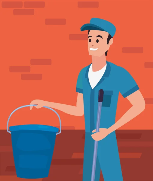 Werknemer Cleaning man emmer en MOP — Stockvector