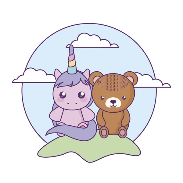 Drăguț unicorn mic cu copil urs în peisaj — Vector de stoc