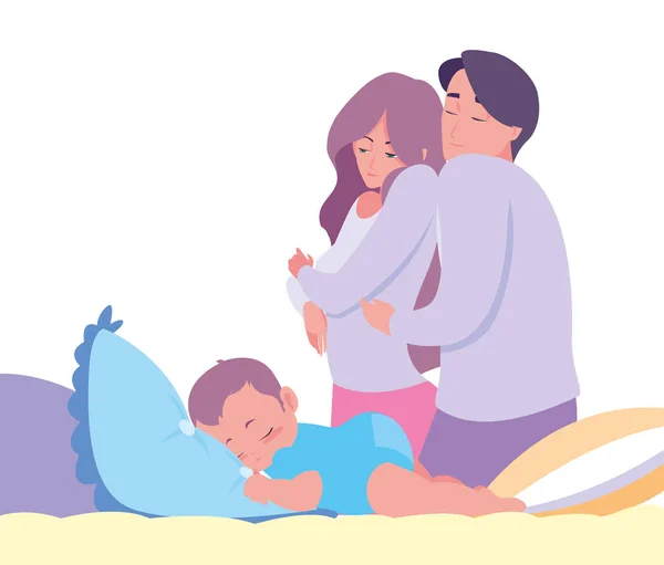Mam en papa nemen zorg baby in bed — Stockvector