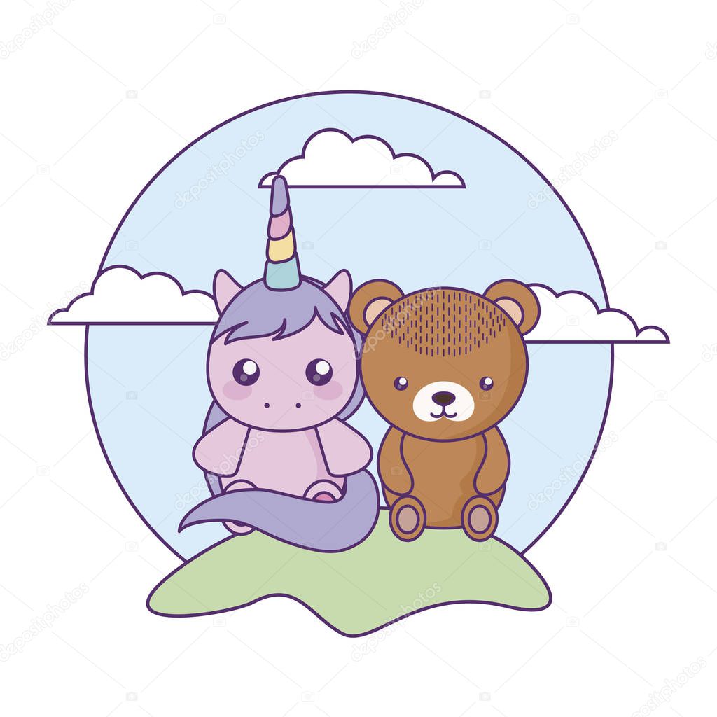 cute little unicorn with bear baby in landscape