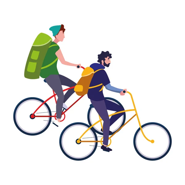 Two men riding bike on white background — Stock Vector