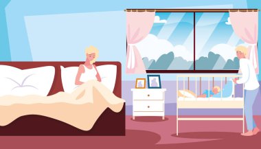 Anne içinde yatak ve bebek içinde beşik ile baba içinde Oda