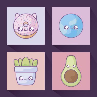 avokado ve set simgeleri ile donut kawaii tarzı