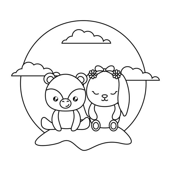 Drăguț urs mic cu iepuraș copil în peisaj — Vector de stoc
