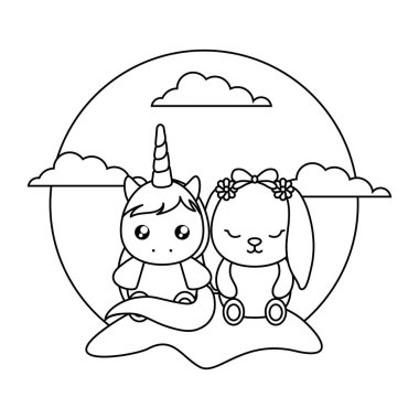 manzara Bunny bebek ile sevimli küçük Unicorn