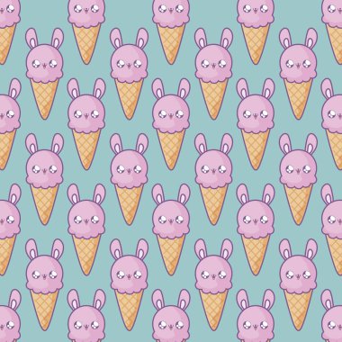 yüz tavşan kawaii tarzı ile lezzetli dondurmaların deseni