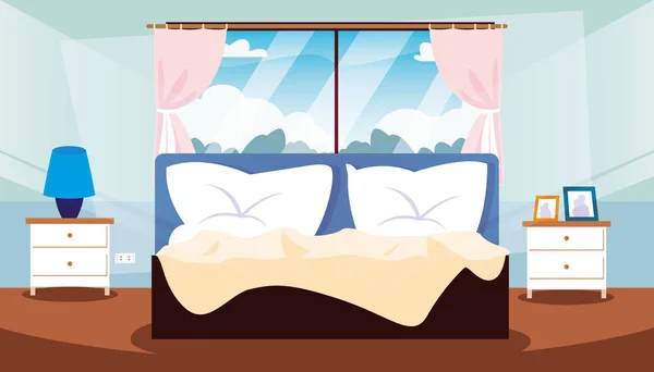 Yatak ve dekorasyon ile iç yatak odası — Stok Vektör