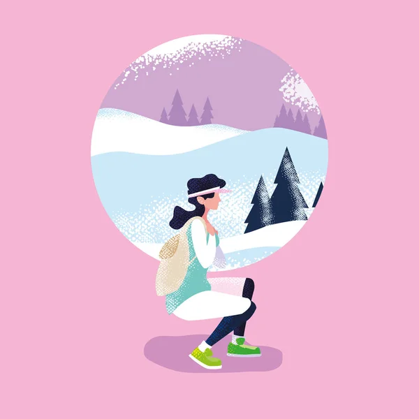 Vrouw reiziger in SNOWSCAPE natuur scène — Stockvector