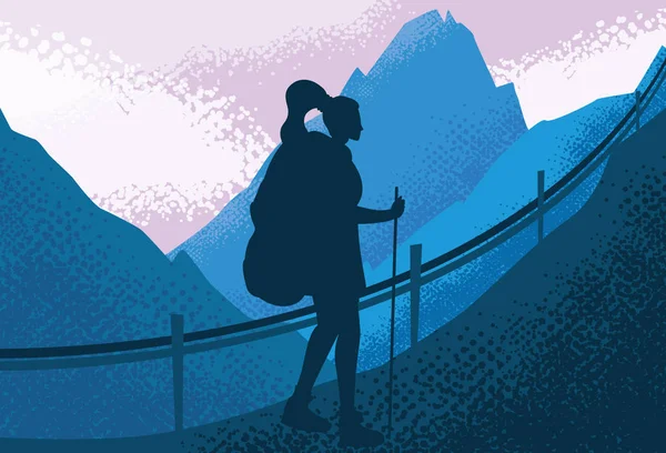 Pengelana wanita dalam pemandangan alam biru - Stok Vektor