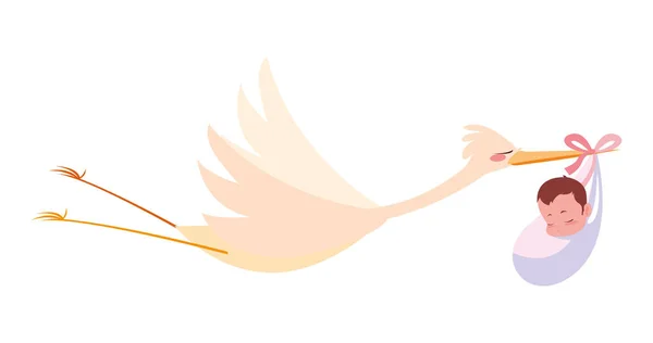 Stork carrying a cute baby — Stock Vector
