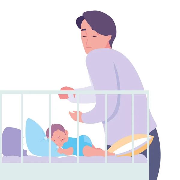 Papa met haar baby in de wieg — Stockvector
