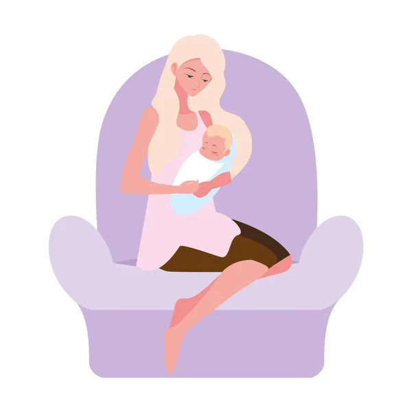 Kobieta z dzieckiem siedzi na kanapie — Wektor stockowy